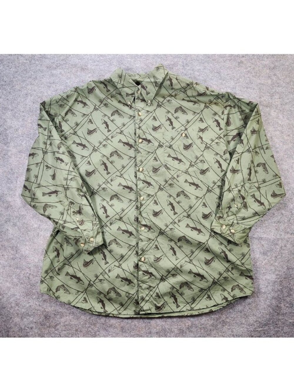 Field &‎ Stream Long Sleeve Shirt Mens XXL 2XL Green Fish All Over Print Pocket